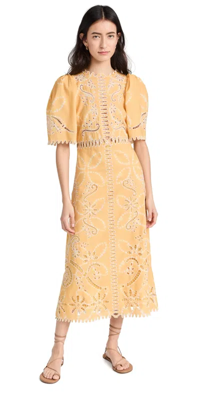 Sea Liat Embroidery Short Sleeve Dress Yellow