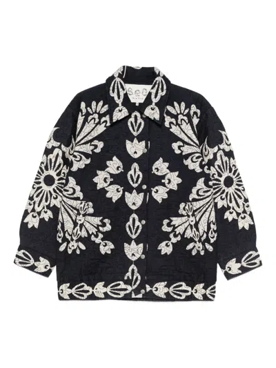Sea Liliana Floral-embroidered Quilted Jacket In Black