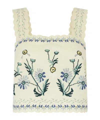 Sea Audra Scalloped Embroidered Cotton And Linen-blend Top In Yellow