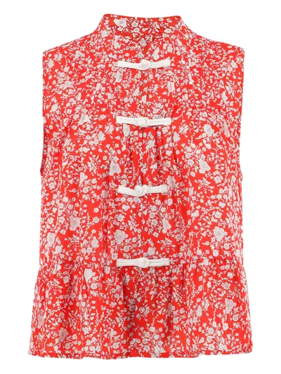 Sea Lucille Liberty Floral-print Knot Top In Red