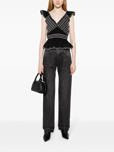 Sea Mable Cambric Flutter Sleeve Pleated Top In Black