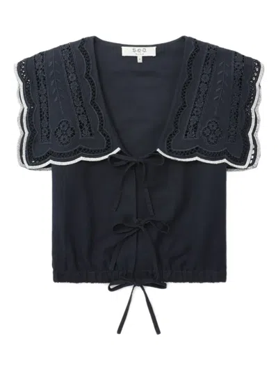 Sea Marie Embroidered-collar Vest In Blue