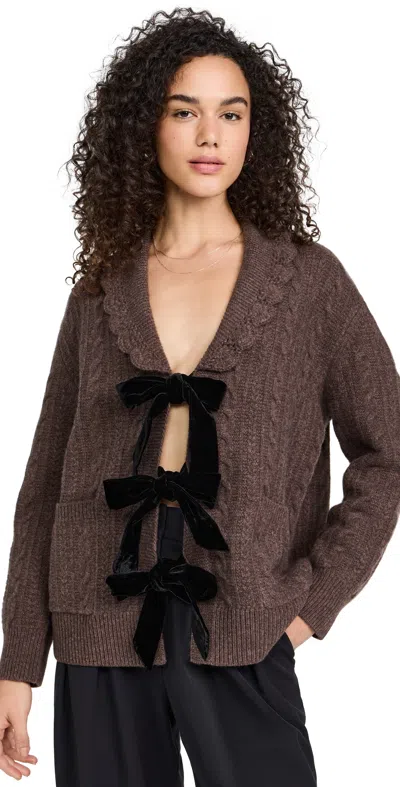 Sea Mariella Tie-detailed Velvet-trimmed Cable-knit Merino Wool Cardigan In Moss