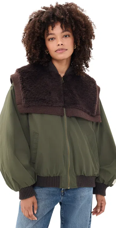 Sea Marta Faux Fur Combo Bomber Jacket Army
