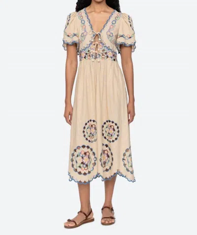 SEA MELINDA EMBROIDERED SHORT SLEEVE MIDI DRESS IN ECRU
