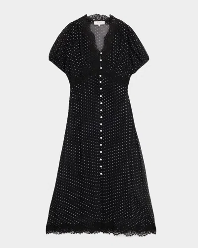 Sea Melody Lace-trimmed Polka-dot Crepe De Chine Midi Dress In Black
