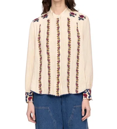 Sea Nan Silk Embroidery Pintucked Top In Beige