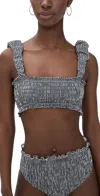 Sea Neci Shirred Gingham Bikini Top In Gray