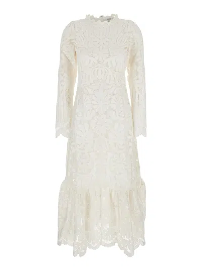 SEA NEW YORK AGATHE APPLIQUE WHITE CREWNECK LONG DRESS WITH ASYMMETRIC HEM IN TECH FABRIC WOMAN