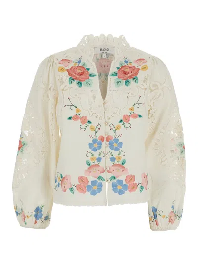 Sea New York Astrid Embroidery L/slv Blouse Multicolor Long Sleeve Blouse With Embroidery In Cotton And Linen For