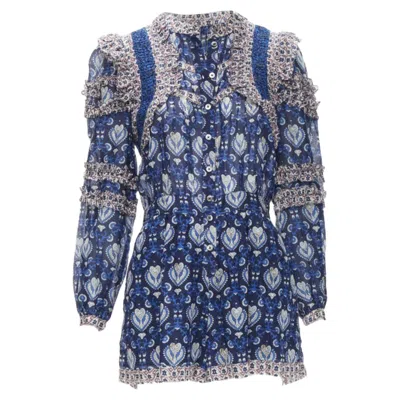 Sea New York Blue Floral Print Ruffle Trim Long Sleeve Romper Playsuit Us0 Xs