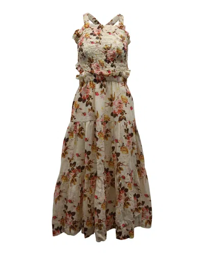 Sea New York Esme Smocked Maxi Dress In Beige Floral Print Ramie In Multi