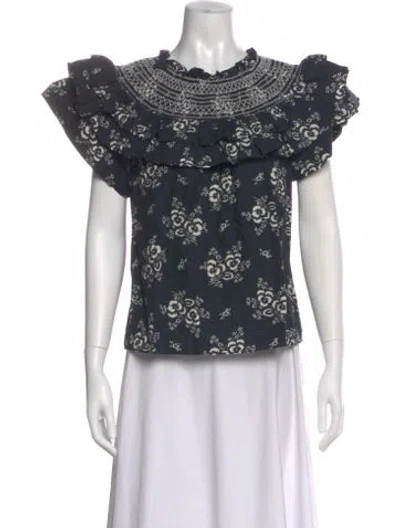 Pre-owned Sea New York Floral Print Short Sleeve Blouse In Blue