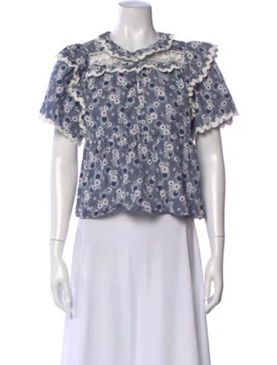 Pre-owned Sea New York Floral Print Short Sleeve Blouse In Blue