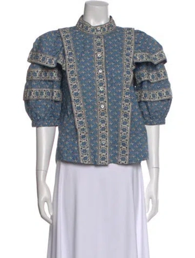 Pre-owned Sea New York Floral Print Short Sleeve Blouse In Blue
