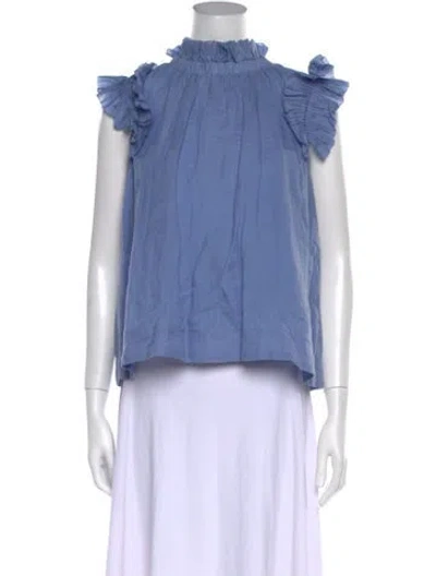 Pre-owned Sea New York Mock Neck Short Sleeve Blouse In Blue