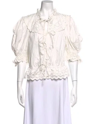 Pre-owned Sea New York Tie Neck Short Sleeve Blouse In White