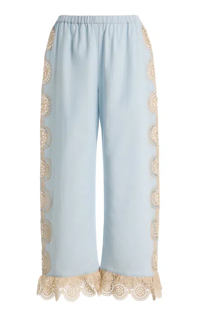 Sea Niamh Embroidered Cotton-linen Pants In Blue