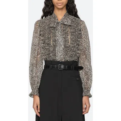 Sea Ny Charlize Print Ruffle Tie Neck Top In Gray