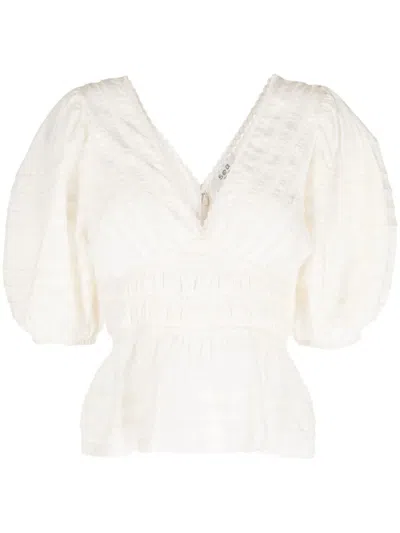 Sea Ny Mable Cambric Puff-sleeve Pleated Top, Cream In White
