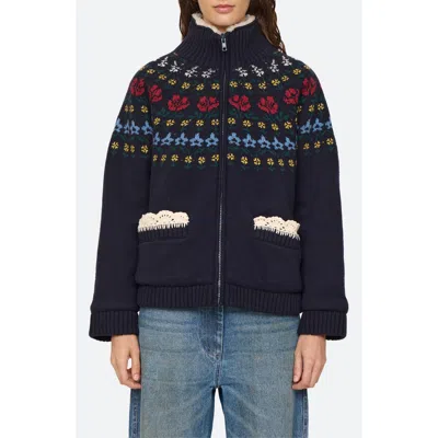 Sea Ny Preston Faux Shearling Lined Knit Jacket In Blue