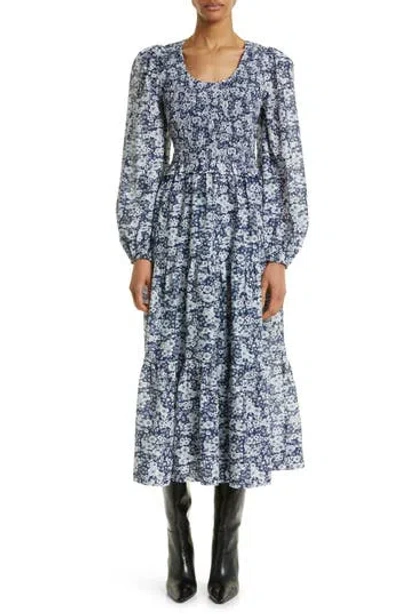Sea Ny Suzie Smocked Floral Print Long Sleeve Cotton Midi Dress In Blue Multi