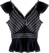 Sea Mable Cambric Flutter Sleeve Pleated Top Black 6 In Blue