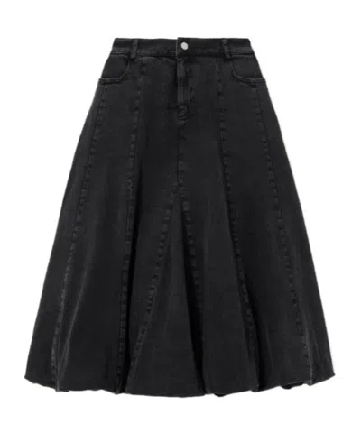 Sea Patchwork Denim Mid-length Skirt In Black
