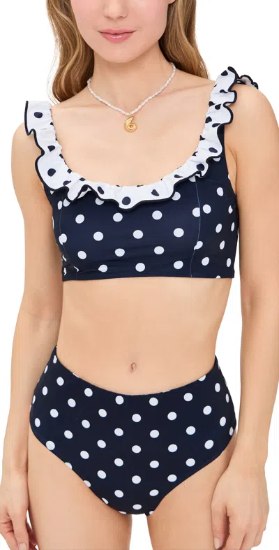 Sea Paulina Polka Dot Ruffle Bikini Top Navy