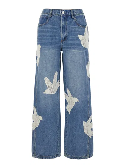 Sea 'payton' Blue Jeans With All-over Crochet Birds In Cotton Blend Woman