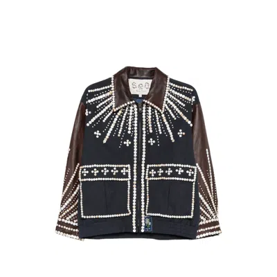 Sea Pearl-embellished Leather Hybrid Jacket In Blue