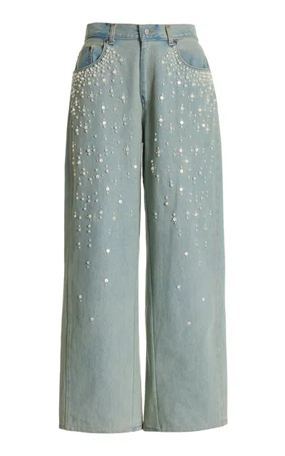 Sea Perlette Embellished Rigid Low-rise Wide-leg Jeans In Blue