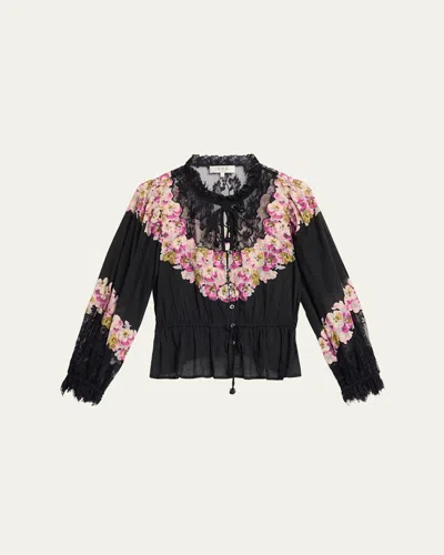 Sea Persephone Print Cotton & Lace Long-sleeve Blouse In Black