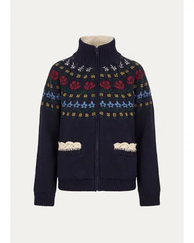 Sea Preston Floral Fair Isle Knit Jacket In Navy
