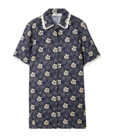 Sea Gloria Embroidered Printed Linen Mini Dress In Blue