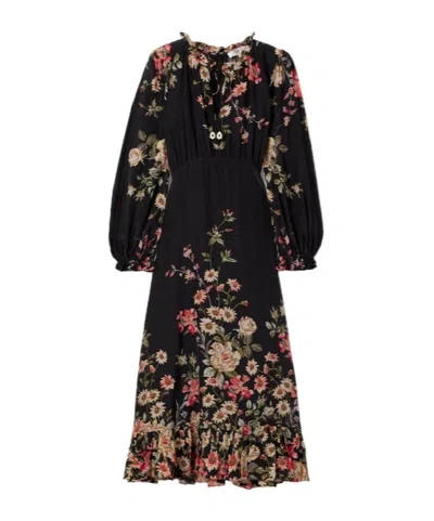 Sea Ruffled Floral Print Midi Dress In Black