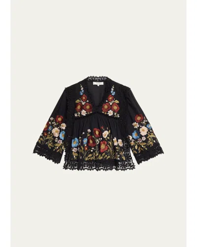 Sea Ruwa Embroidered V-neck Long-sleeve Top With Lace Trim In Multi