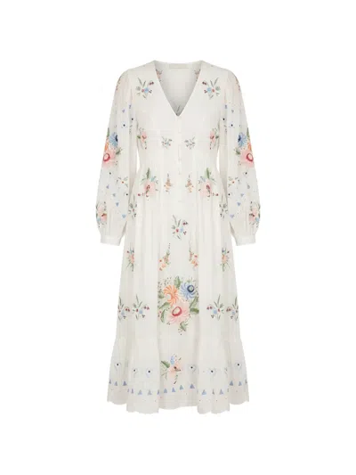 Sea Serafina Floral-embroidered Ruffled Midi Dress In White