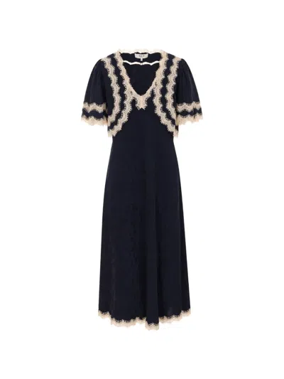 Sea Shay Lace-trim Floral-jacquard Midi Dress In Black