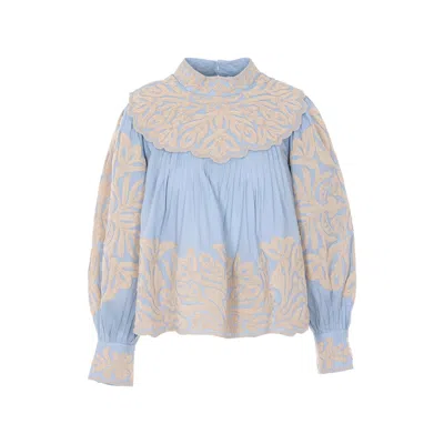Sea Alexandra Pleated Embroidered Cotton-voile Blouse In Blue