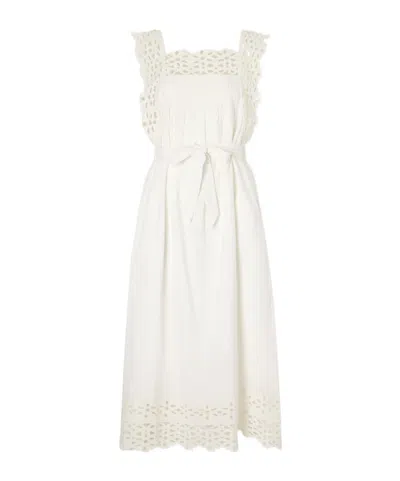 Sea Leila Broderie Anglaise-trimmed Cotton And Linen-blend Midi Dress In White