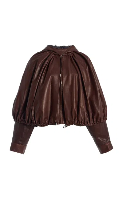 Sea Thompson Hooded Leather Cape Jacket In Brown