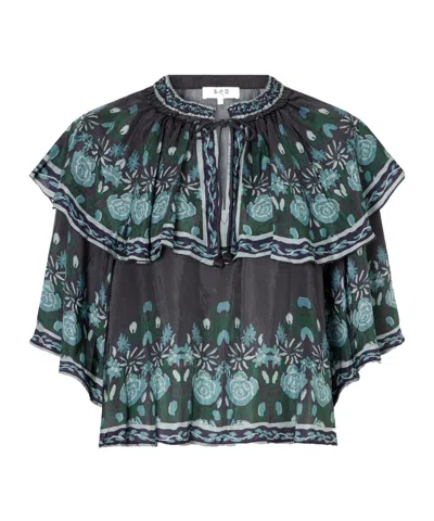 Sea Tulla Cape-detailed Printed Habotai Blouse In Green