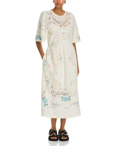 Sea Vesna Broderie Anglaise-trimmed Embroidered Cotton And Linen-blend Midi Dress In White