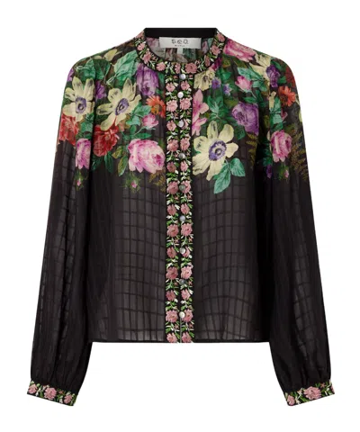 Sea Viktoria Embroidered Floral-print Voile Blouse In Brown