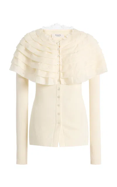 Sea Wanda Ruffled Wool Cardigan In White