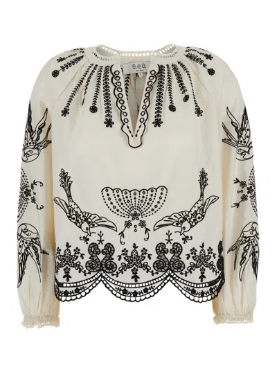 Sea White Blouse With V Neck And All-over Kingsley Embroidery In Cotton Woman