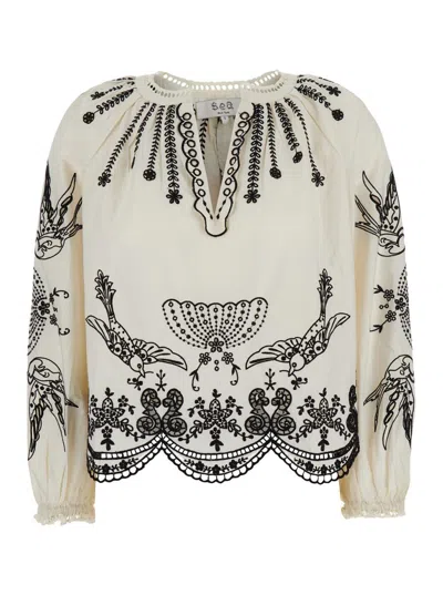 SEA WHITE BLOUSE WITH V NECK AND ALL-OVER KINGSLEY EMBROIDERY IN COTTON WOMAN