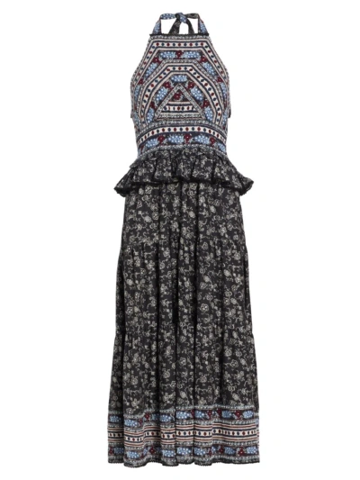 Sea Everly Ruffled Embroidered Floral-print Cotton Halterneck Midi Dress In Black