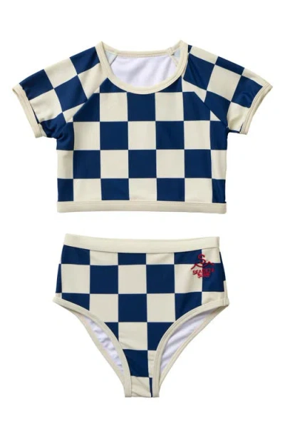Seaesta Surf Kids' Nautical Checks Short Sleeve Two-piece Rashguard Swimsuit In Neutral